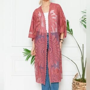Style Apparel Rust lace/ sheer kimono duster
